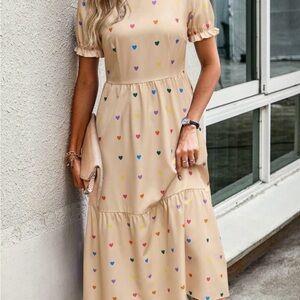 Large Heart Print Beige Midi Dress